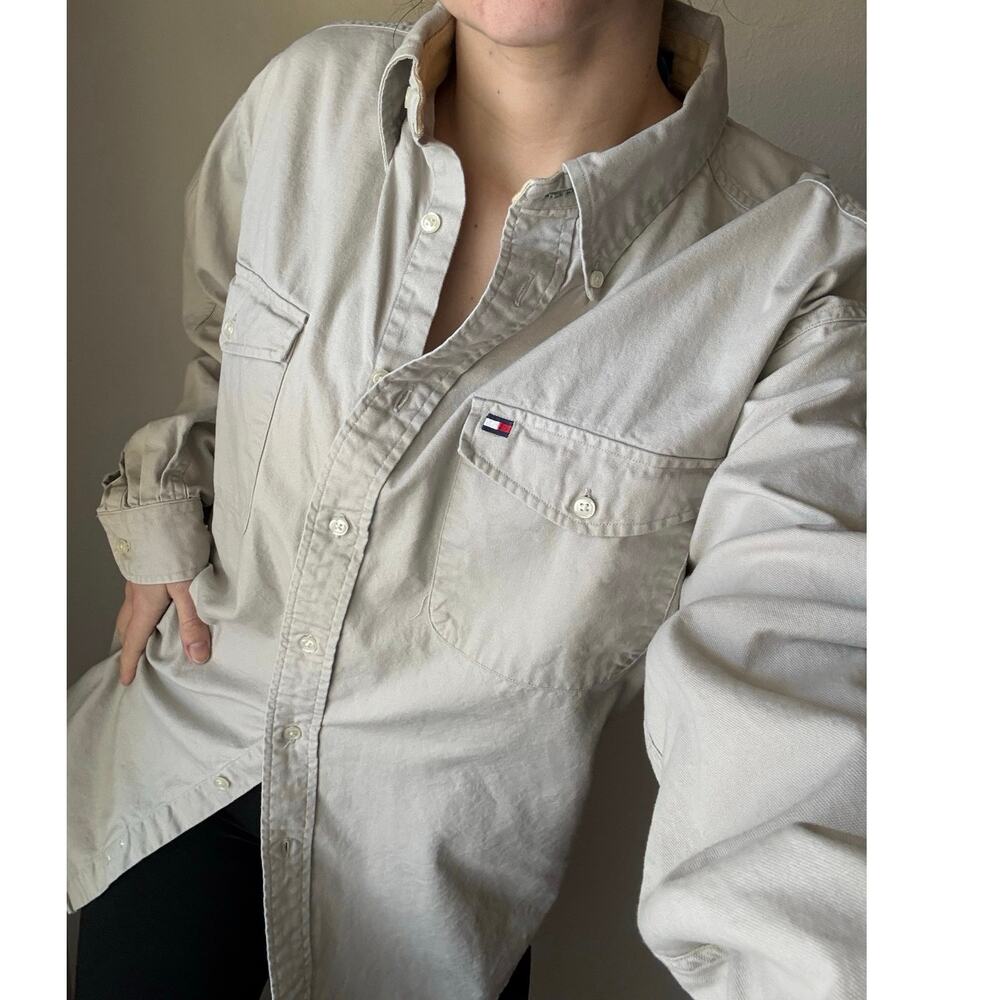 Tommy Hilfiger beige Safari Button Down utility work wear neutral minimalist y2k